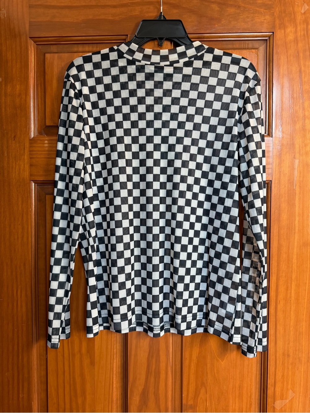 See through Checkerboard Long Sleeve Top - Black & White